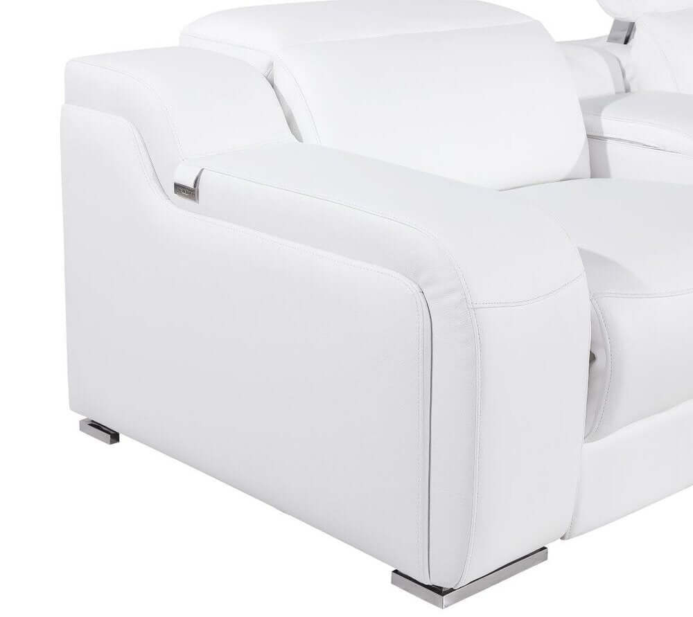 Italian Leather Power Reclining L-Shaped Sectional 112" | Modern Modular Corner Sofa close-up view of white leather armrest.