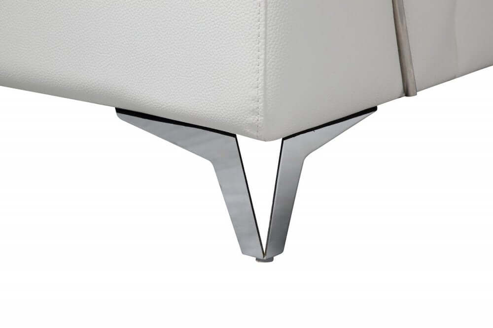 Close-up of the silver metal leg on the White Italian Leather L Shaped Two Piece Sofa and Chaise Sectional.