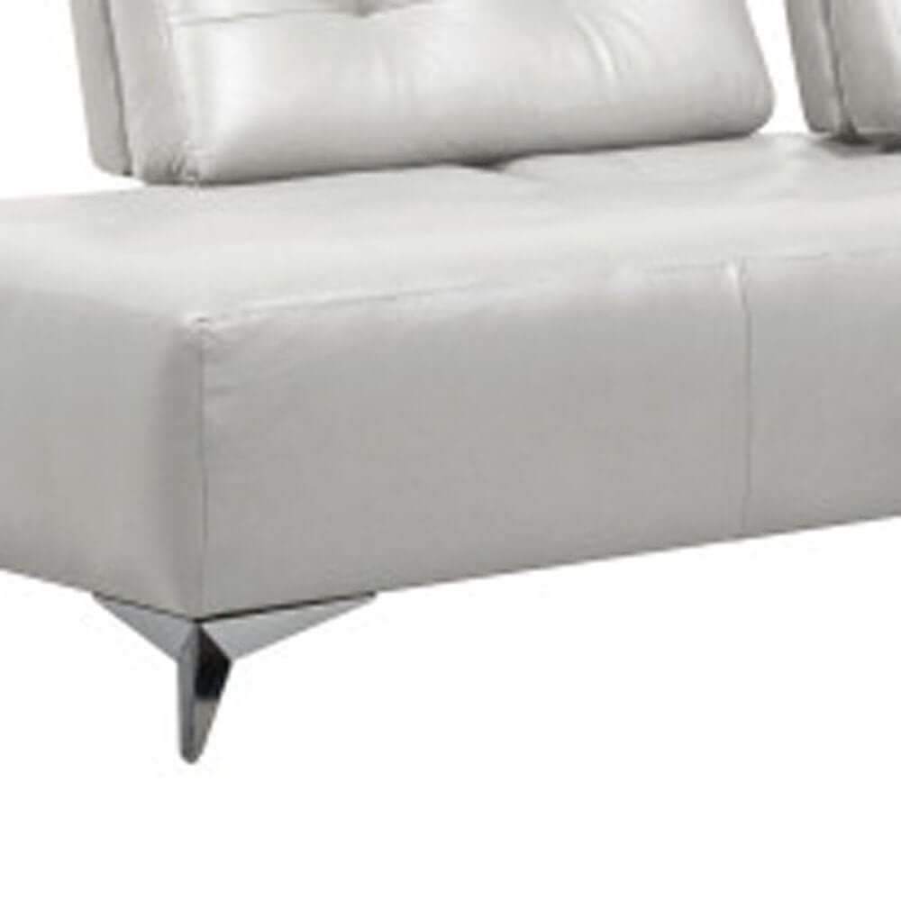 White Leather L Shaped Two Piece Seating Component close-up with modern chrome legs.