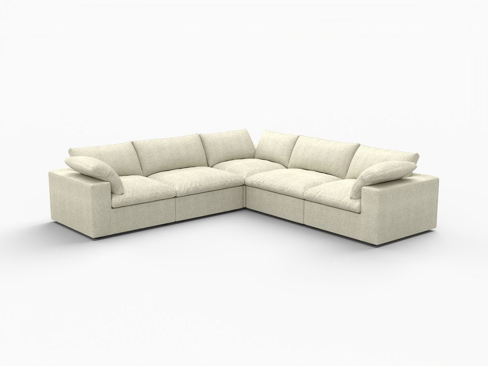 White Linen Blend Modular L Shaped Five Piece Corner Sectional showcasing a stylish design for versatile living spaces.