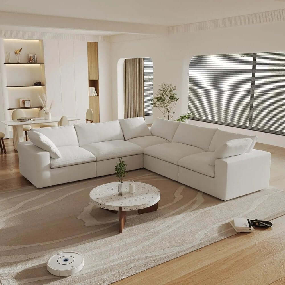 White Linen Blend Modular L Shaped Five Piece Corner Sectional in a modern living room setting.