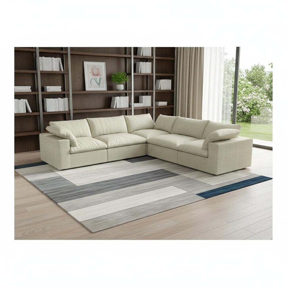 White Linen Blend Modular L Shaped Five Piece Corner Sectional in a stylish living room setting with modern decor.
