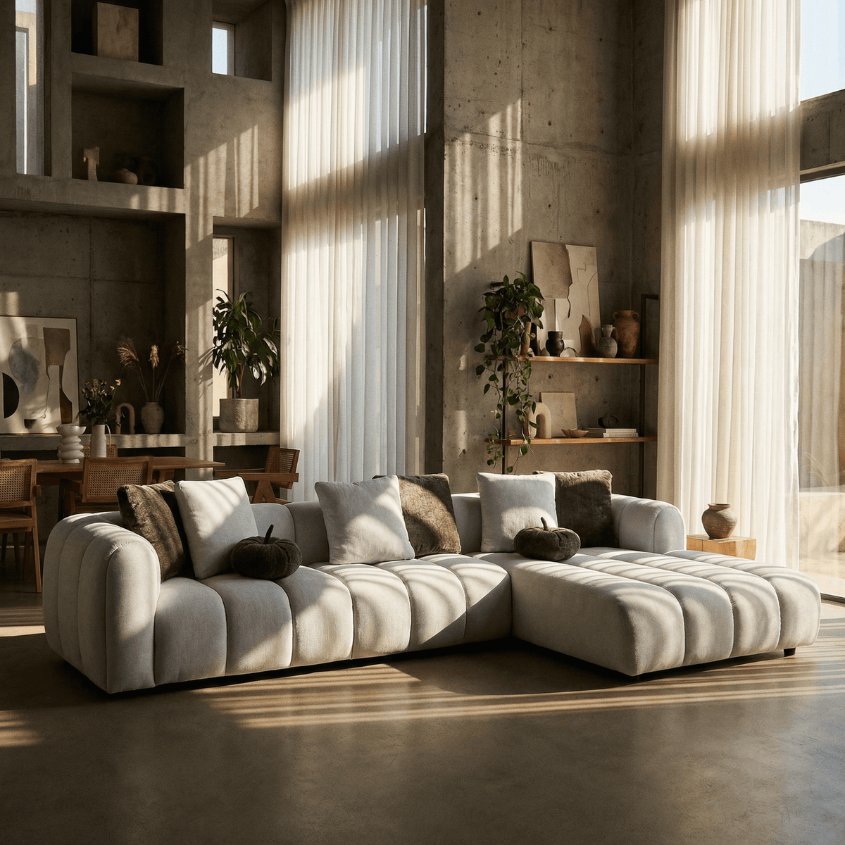 White Sectional Sofa w/ 8 Pillows – Oversized Modern Chaise Couch (145”) in a sunlit contemporary living room.