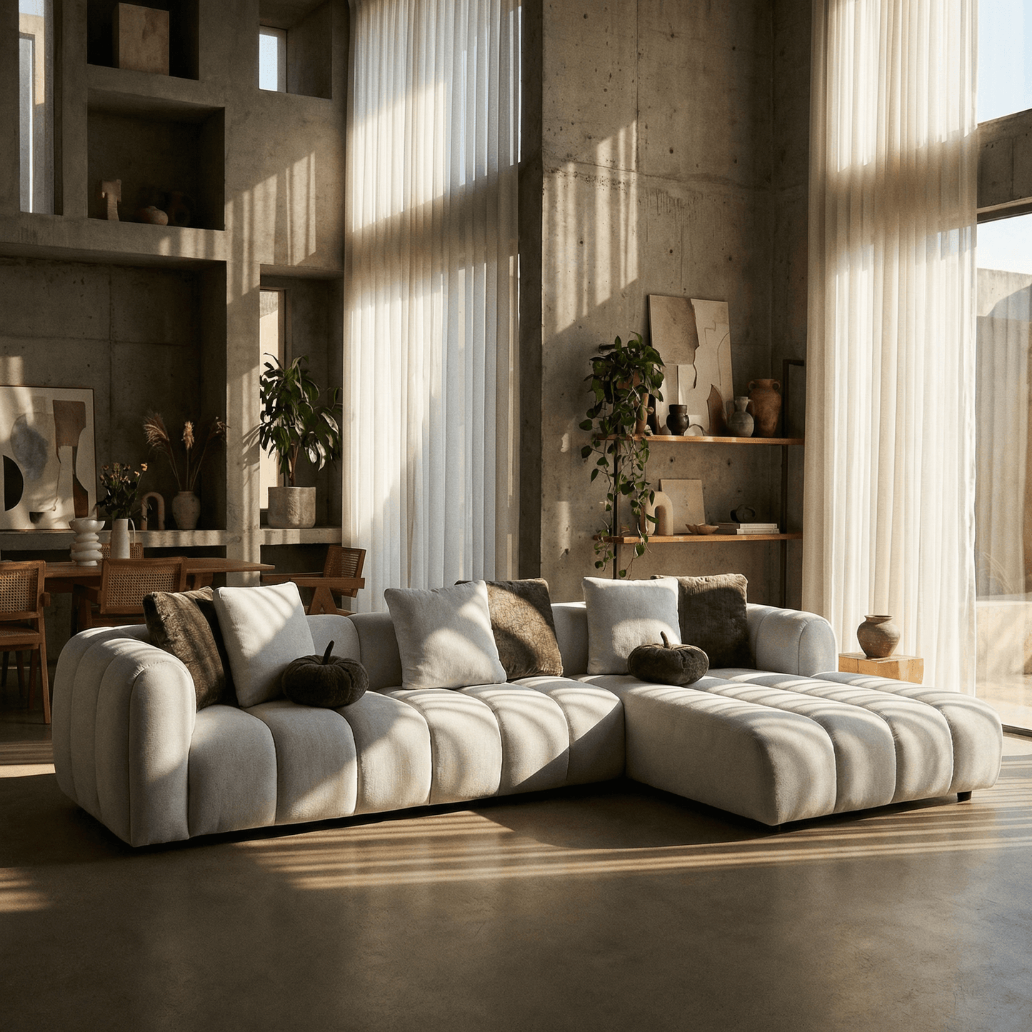 White Sectional Sofa w/ 8 Pillows – Oversized Modern Chaise Couch (145”) in a sunlit contemporary living room.