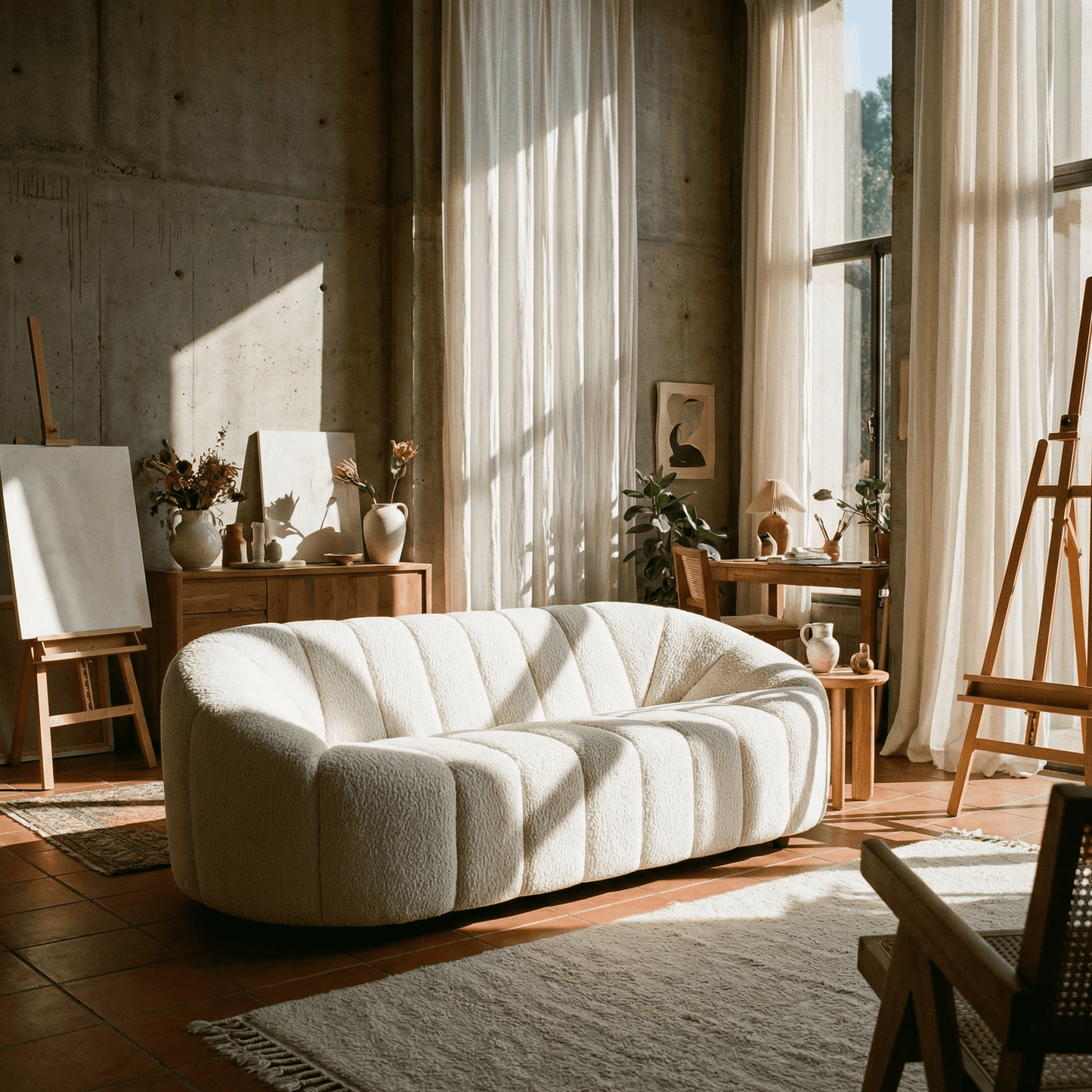 White Teddy Sherpa Sofa – 84" Modern 2-Seat Cozy Boucle Loveseat (84") in a cozy living room setting.