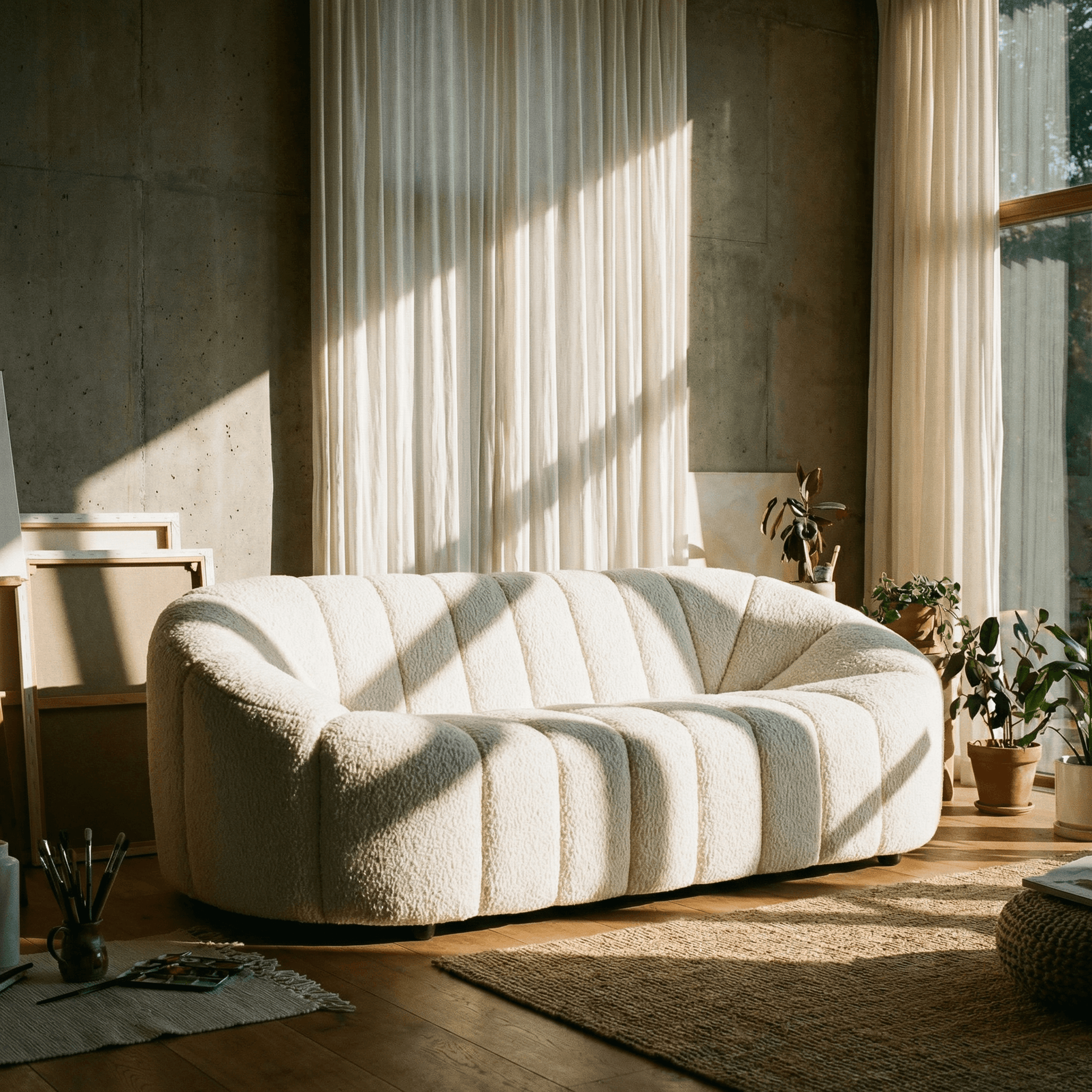 White Teddy Sherpa Sofa – 84" Modern 2-Seat Cozy Boucle Loveseat (84”) in a bright, minimal living room setting.