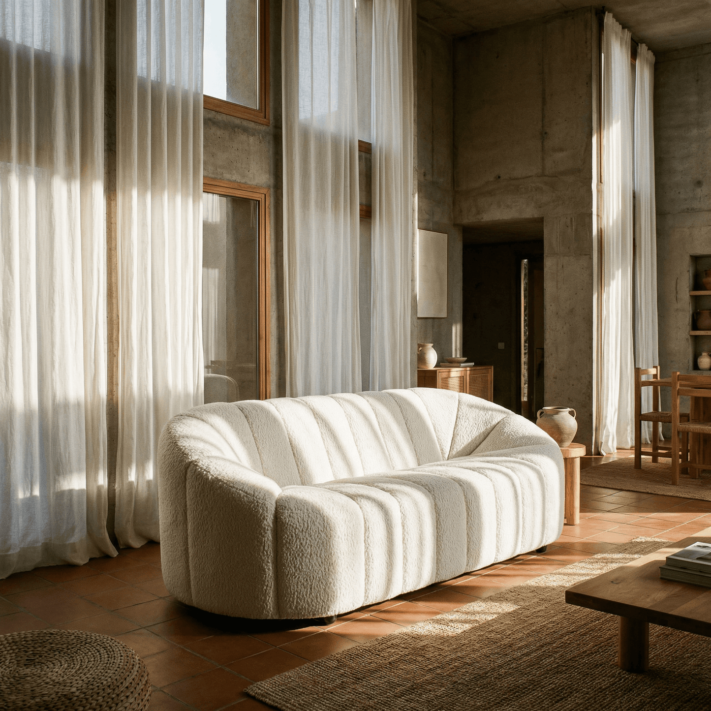 White Teddy Sherpa Sofa – 84" Modern 2-Seat Cozy Boucle Loveseat (84”) in a contemporary living room setting.