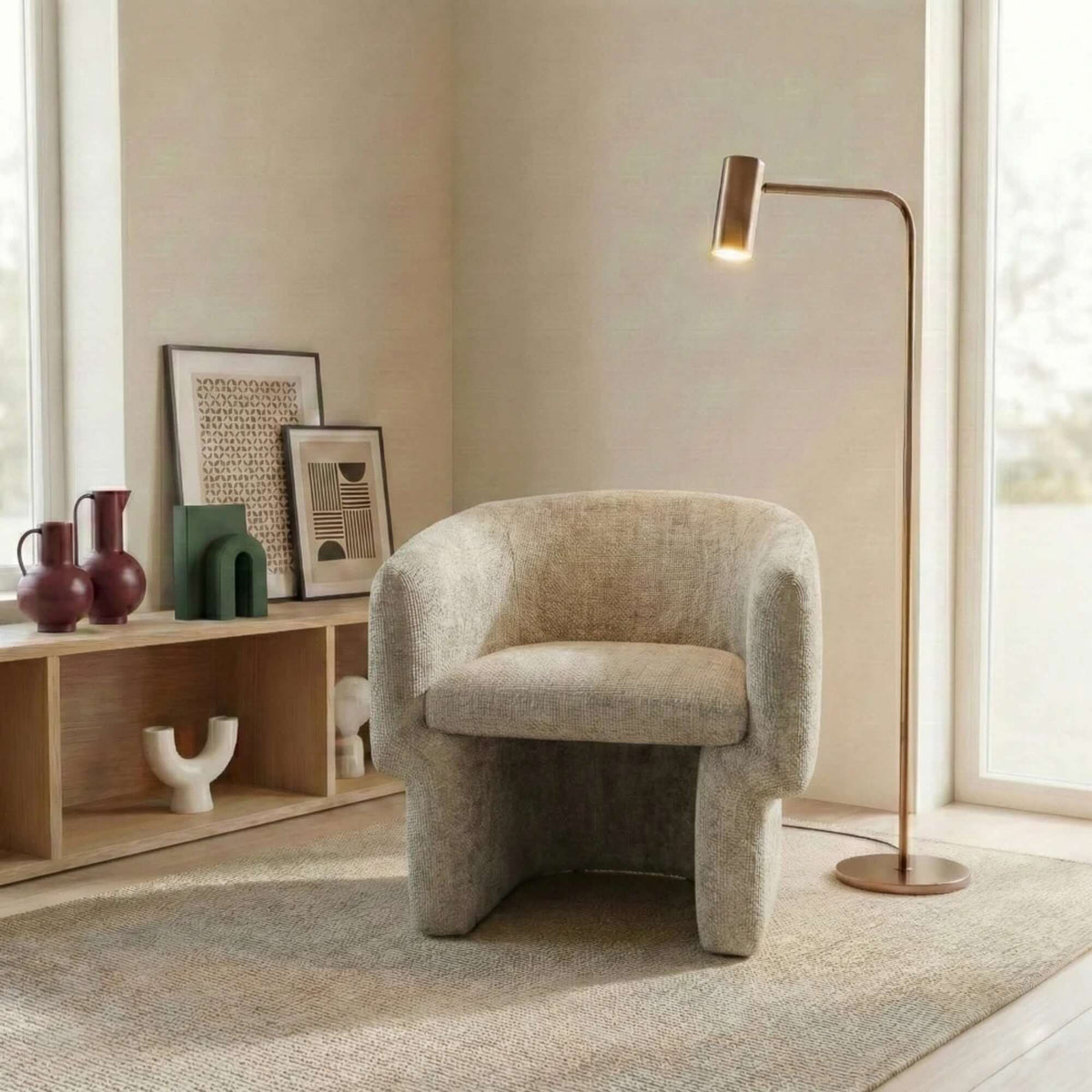 Wichita Chenille Lounge Chair – Modern Curved Accent Chair (Brown or Gold) in a cozy living room setting