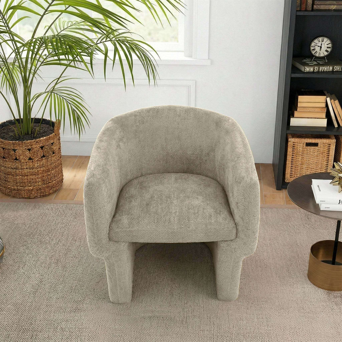 Wichita Chenille Lounge Chair – Modern Curved Accent Chair (Brown or Gold) in soft chenille fabric with curved design.