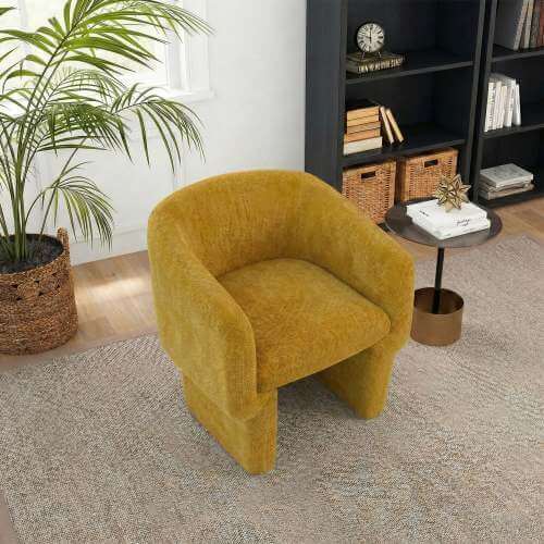 Wichita Chenille Lounge Chair – Modern Curved Accent Chair (Brown or Gold) in soft yellow chenille fabric.