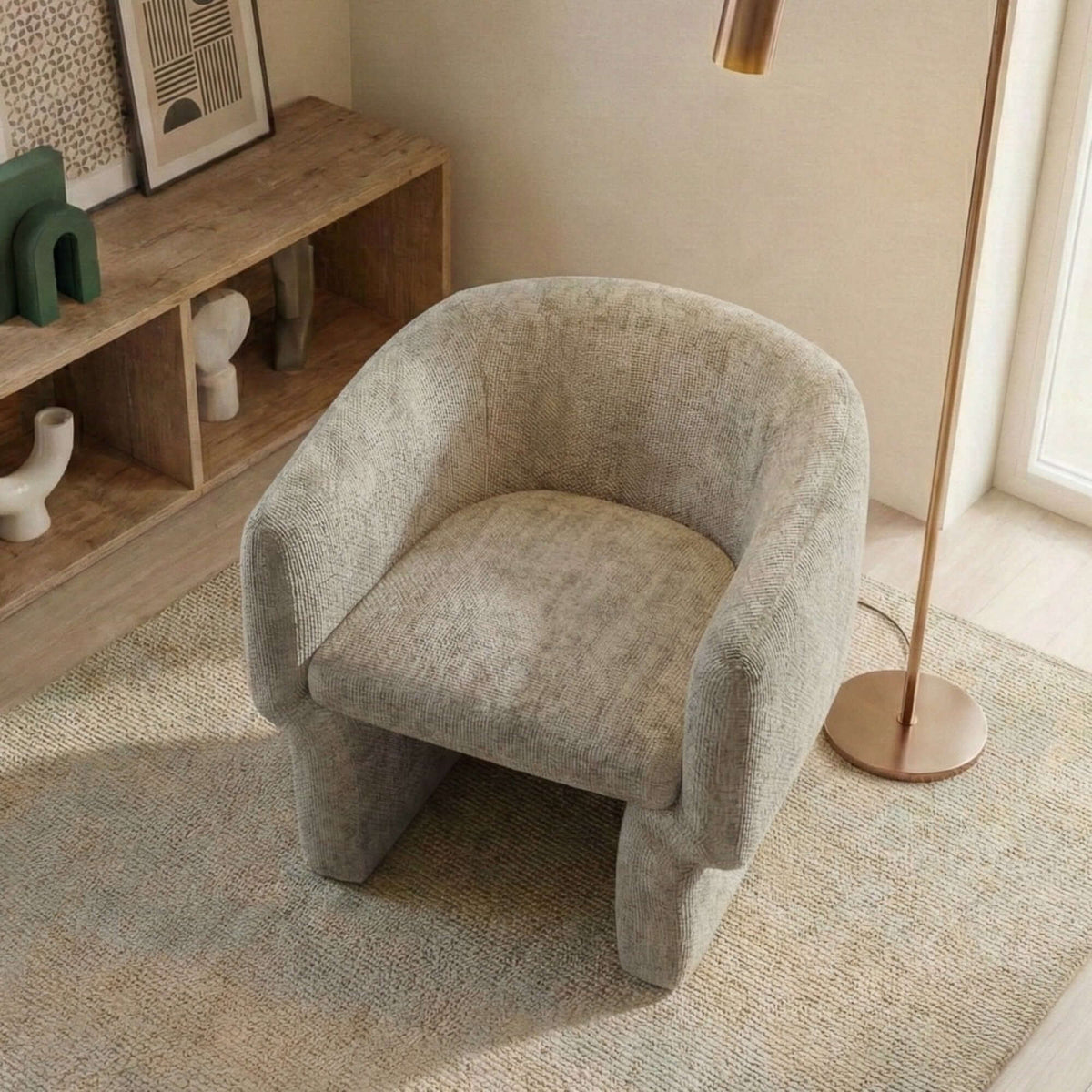 Wichita Chenille Lounge Chair – Modern Curved Accent Chair (Brown or Gold) in a stylish interior setting.