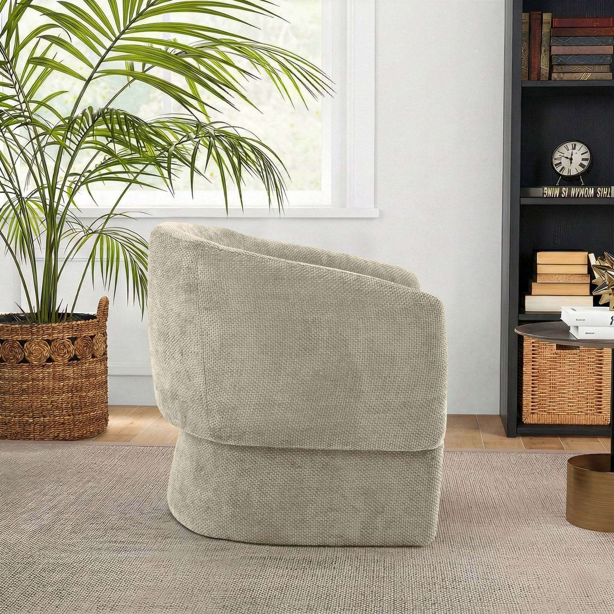 Wichita Chenille Lounge Chair – Modern Curved Accent Chair (Brown or Gold) in a cozy interior setting with greenery.
