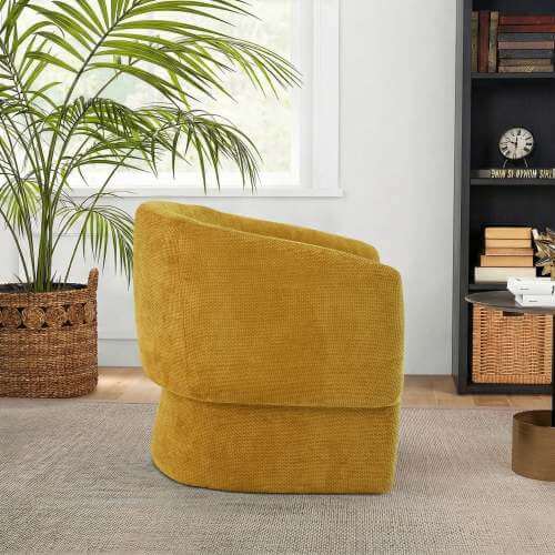 Wichita Chenille Lounge Chair – Modern Curved Accent Chair (Brown or Gold) in yellow chenille fabric.