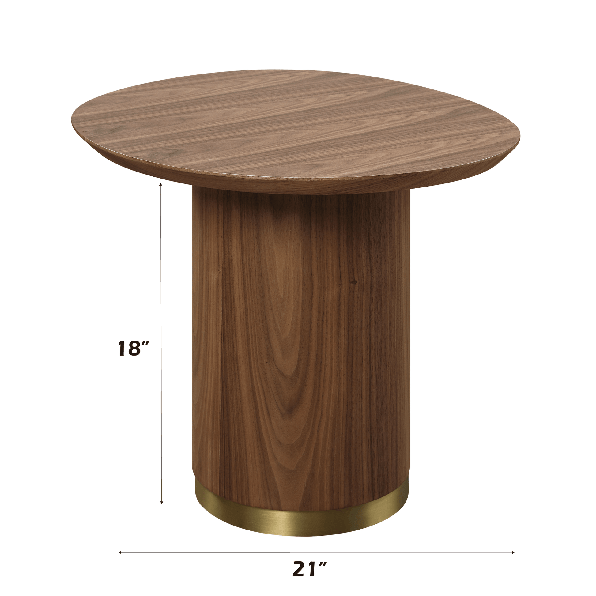 Willene Walnut Finish End Table with round top and gold pedestal base, height 18 inches, diameter 21 inches.