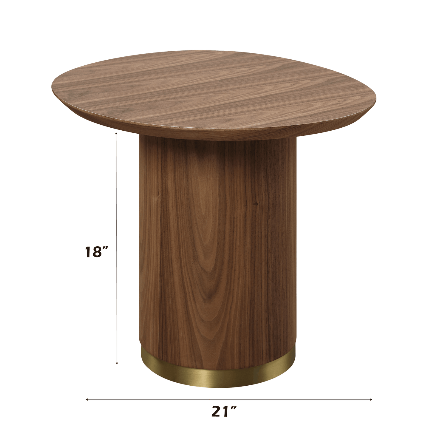 Willene Walnut Finish End Table with round top and gold pedestal base, height 18 inches, diameter 21 inches.