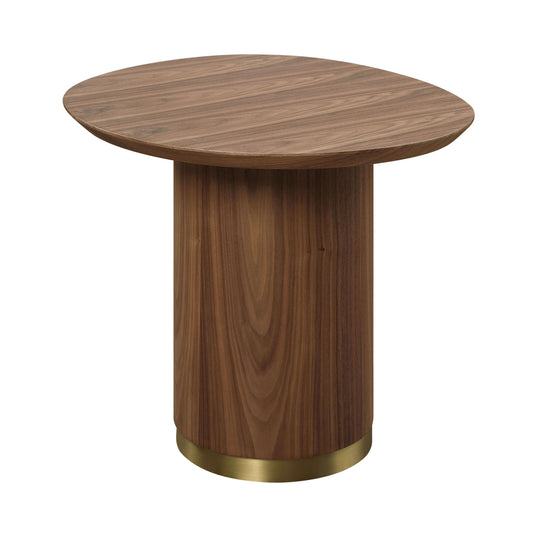 Willene Walnut Finish End Table showcasing rich walnut veneer and sleek stainless steel base.