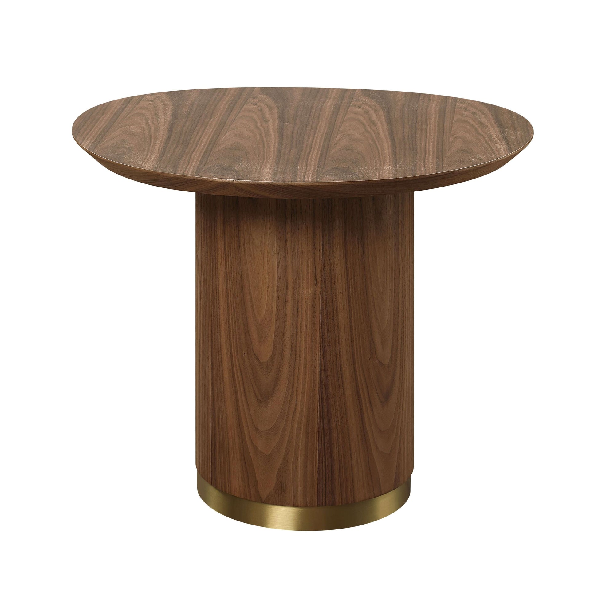 Willene Walnut Finish End Table with round top and stainless steel base, showcasing modern elegance and natural wood finish.