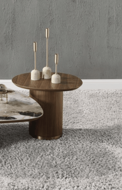 Willene Walnut Finish End Table featuring a sleek design with three decorative candles on top.