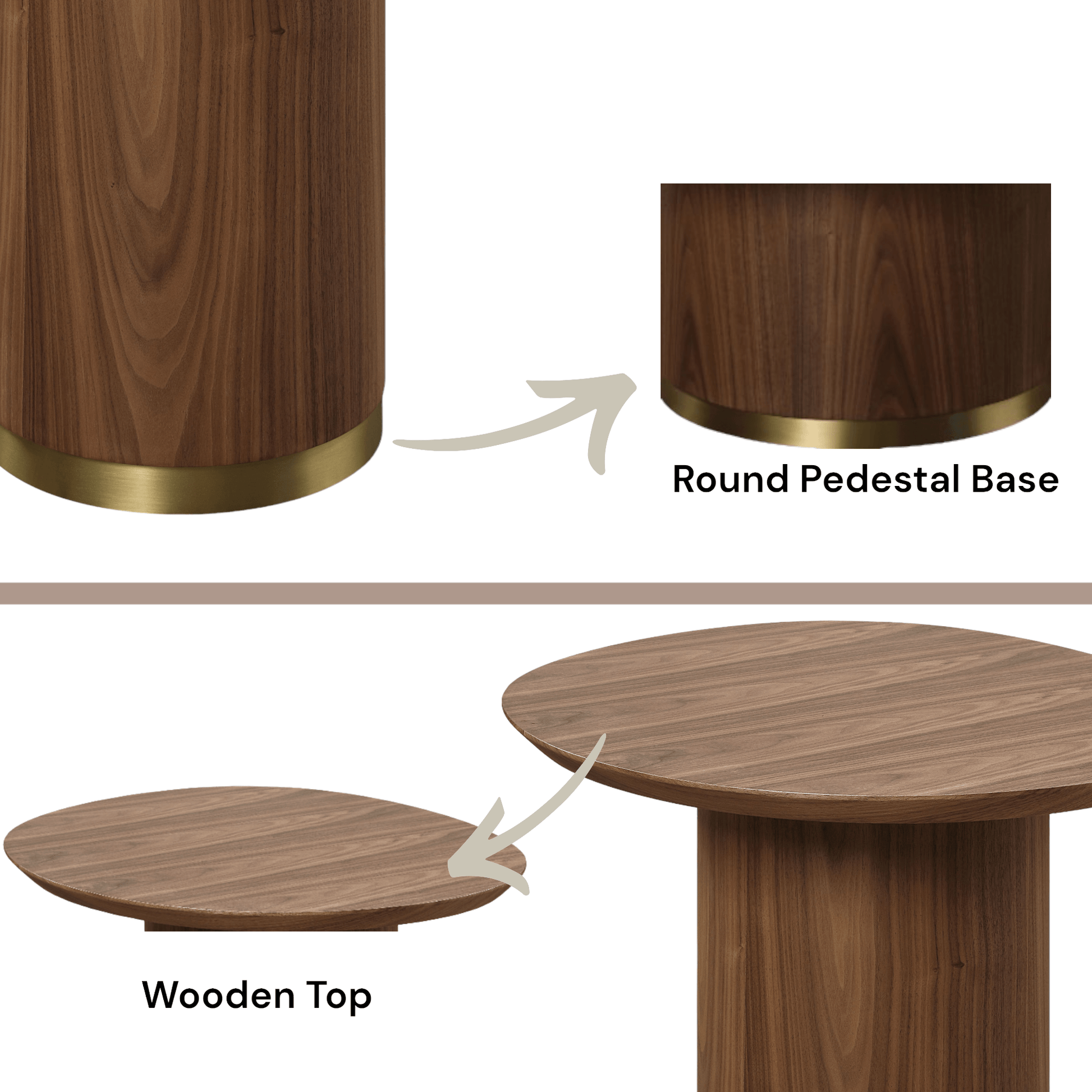 Willene Walnut Finish End Table showcasing round pedestal base and wooden top details.