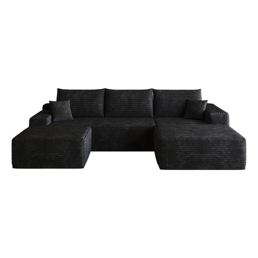 Winnie Corduroy Cloud Sectional – 107" Black U-Shape Sofa with Ottoman