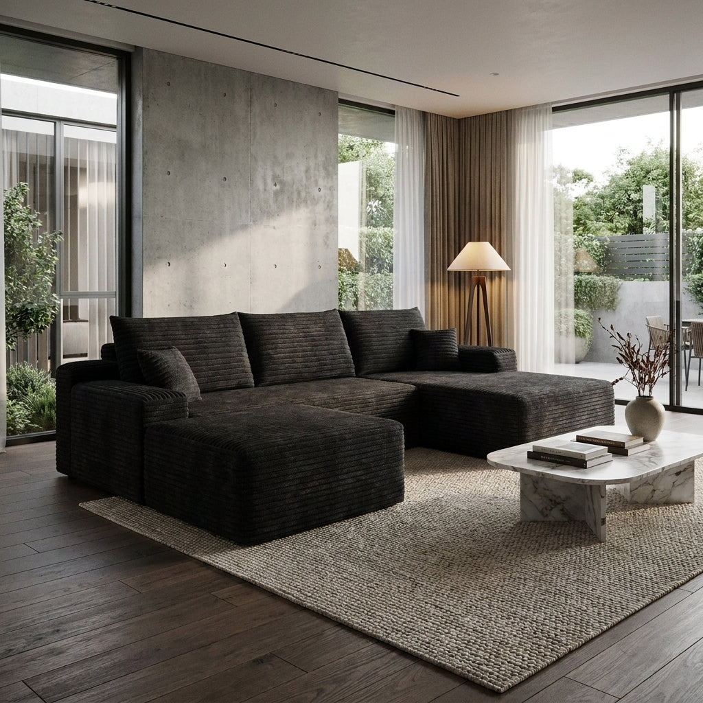 Winnie Corduroy Cloud Sectional – 107" Black U-Shape Sofa with Ottoman – view 2
