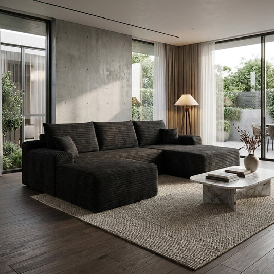 Winnie Corduroy Cloud Sectional – 107" Black U-Shape Sofa with Ottoman – view 2