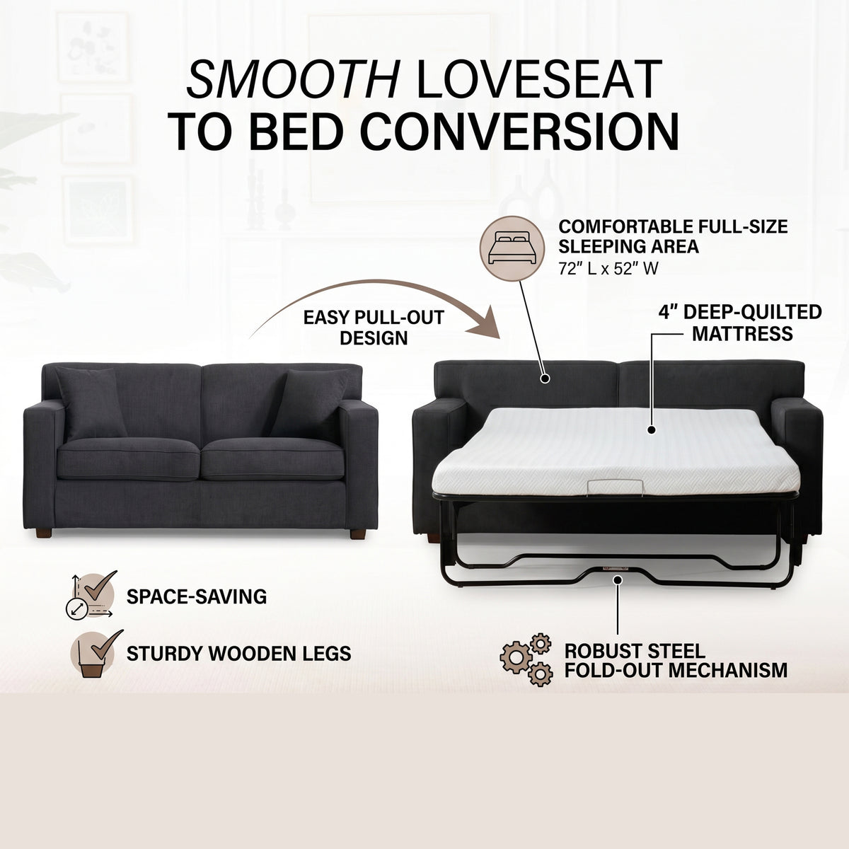 Winnie Grey Fabric Sleeper Sofa – 76" Pull-Out Loveseat Sofa Bed – view 9