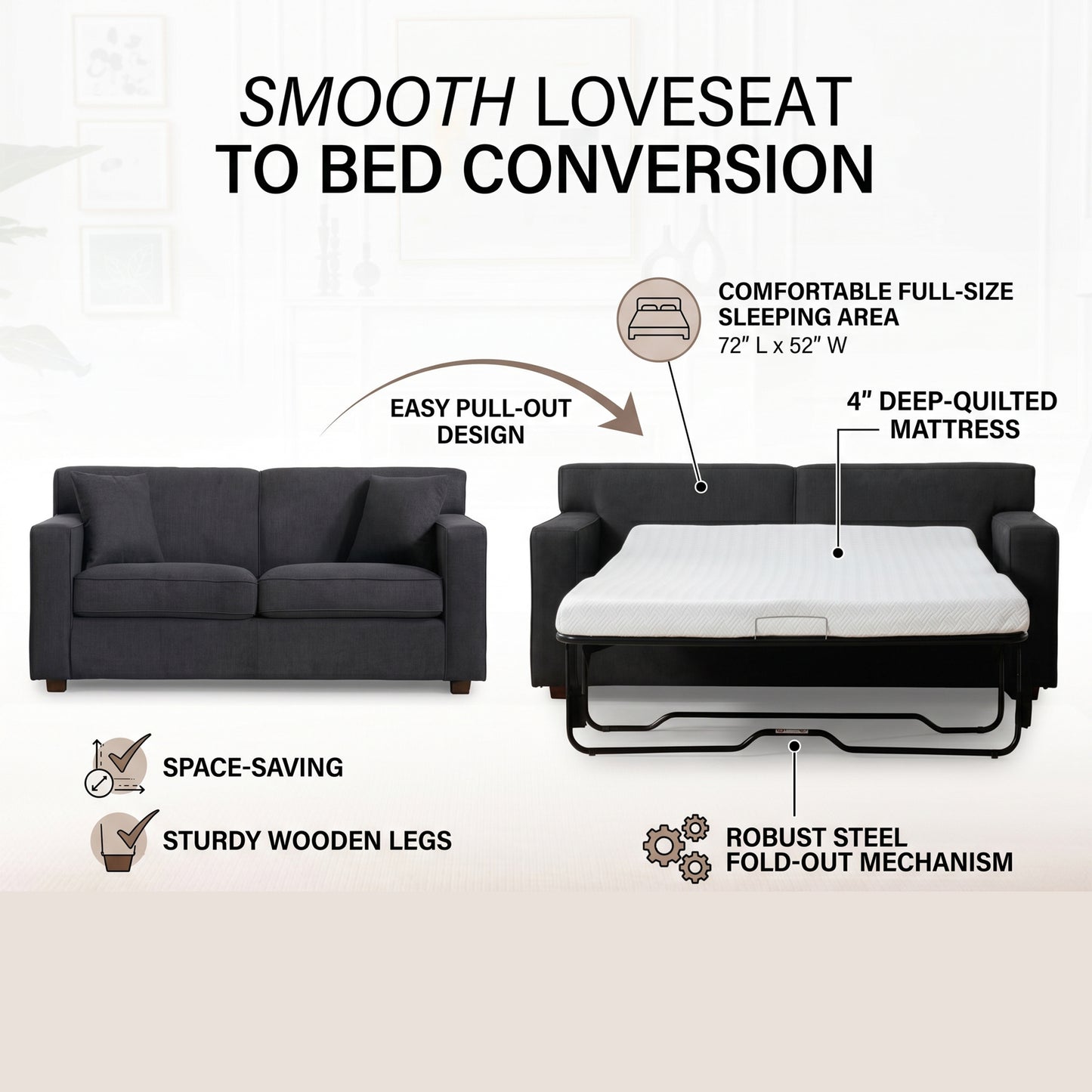 Winnie Grey Fabric Sleeper Sofa – 76" Pull-Out Loveseat Sofa Bed – view 9