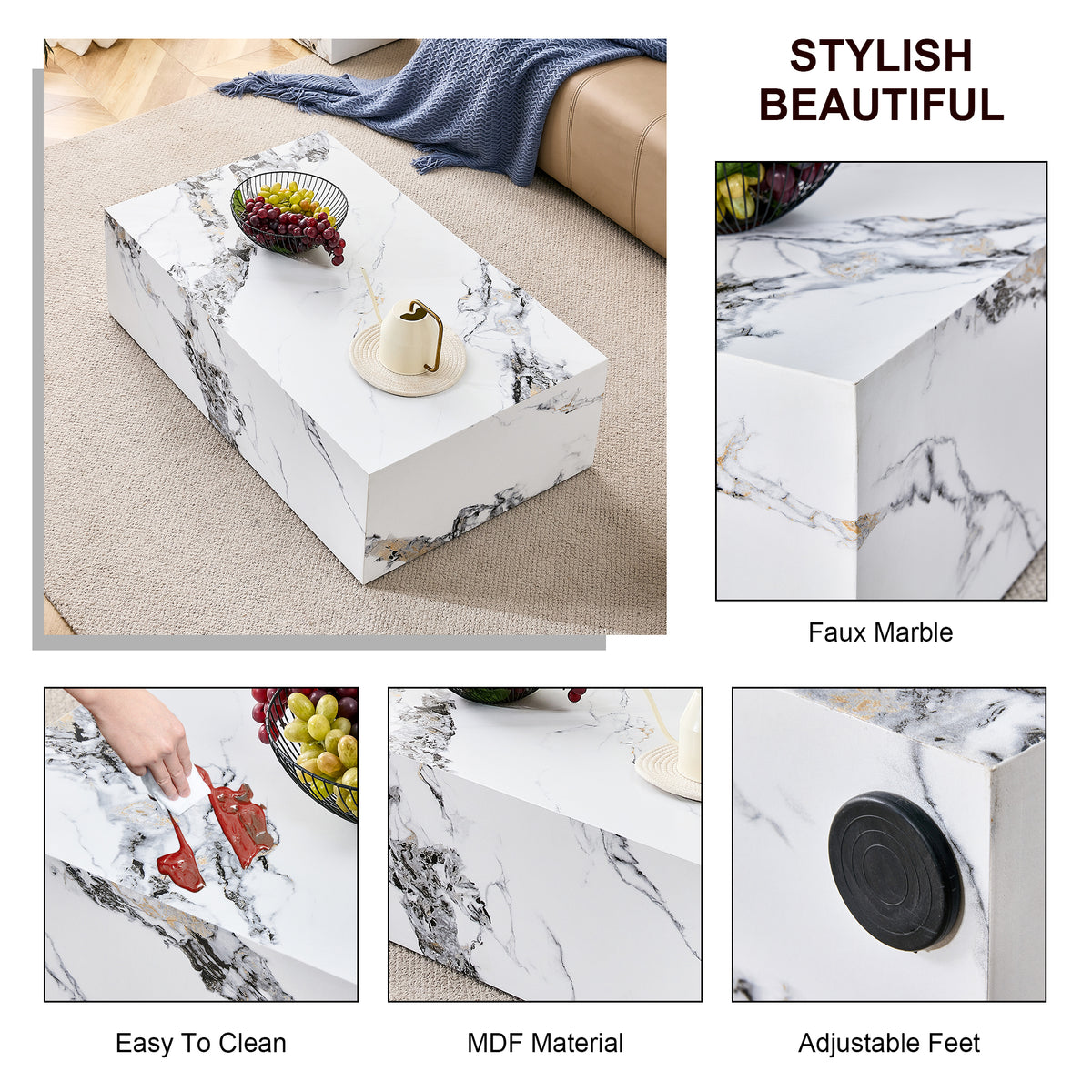Winnie Marble-Pattern Coffee Table – 39" Modern Accent Table in White MDF – view 9