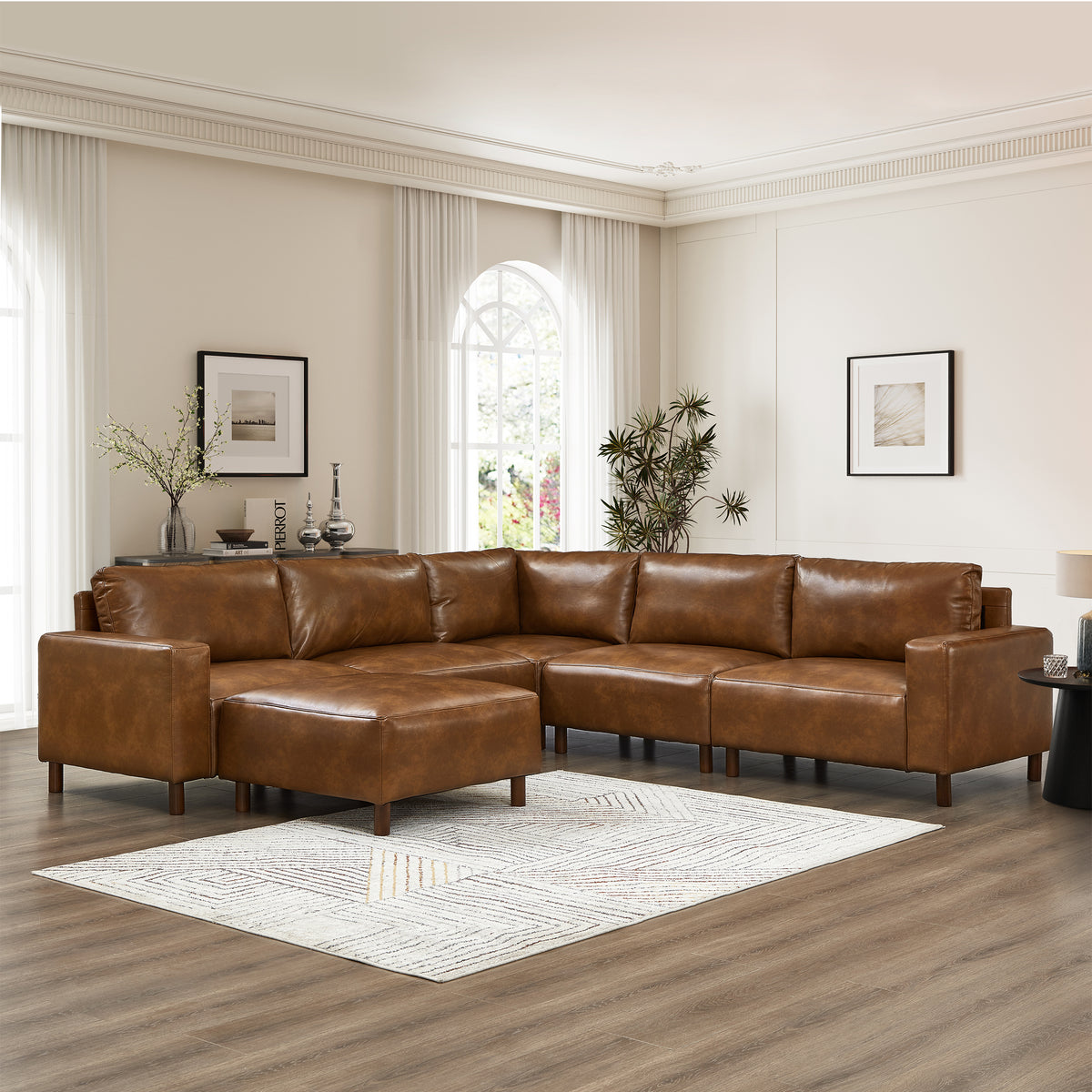 Winslow Modular Sectional Sofa – Brown PU Leather with Ottoman – view 4