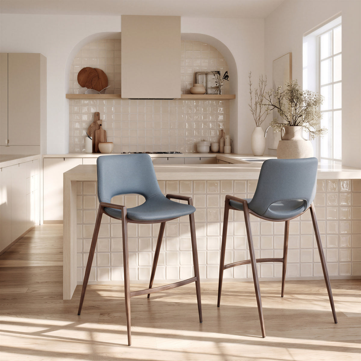 Desi Counter Stool (Set of 2) in Azure Gray & Walnut