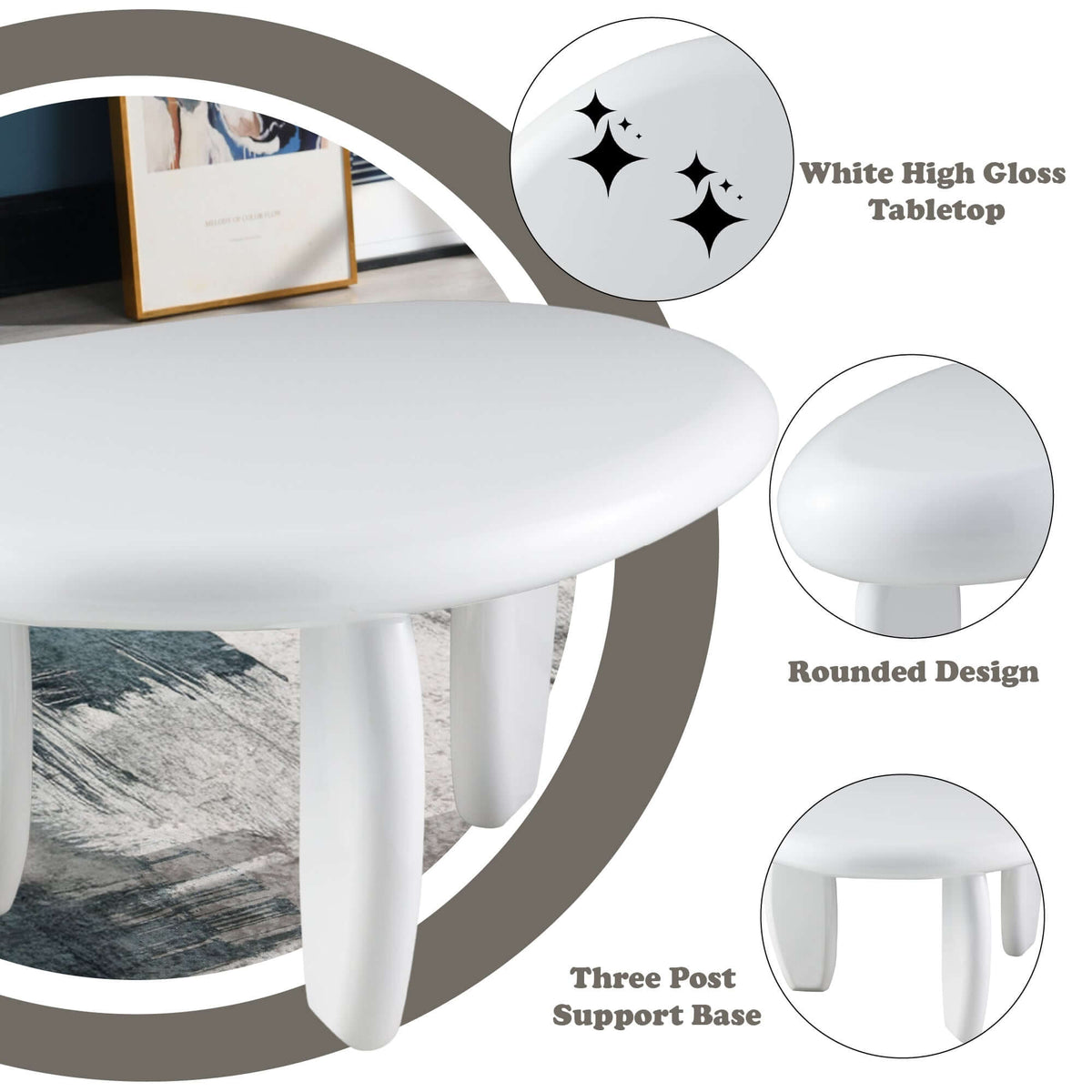 Wylie White High Gloss End Table showcasing white high gloss tabletop, rounded design, and three post support base.