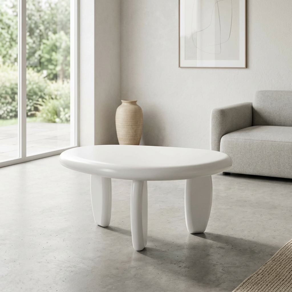 Wylie White High Gloss End Table in modern living room with large windows and natural light.