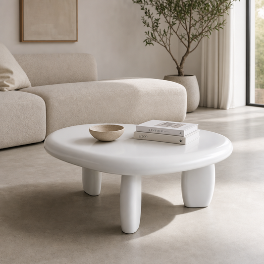 Wylie White High Gloss End Table showcasing sleek design beside a cozy sofa in a modern living room.