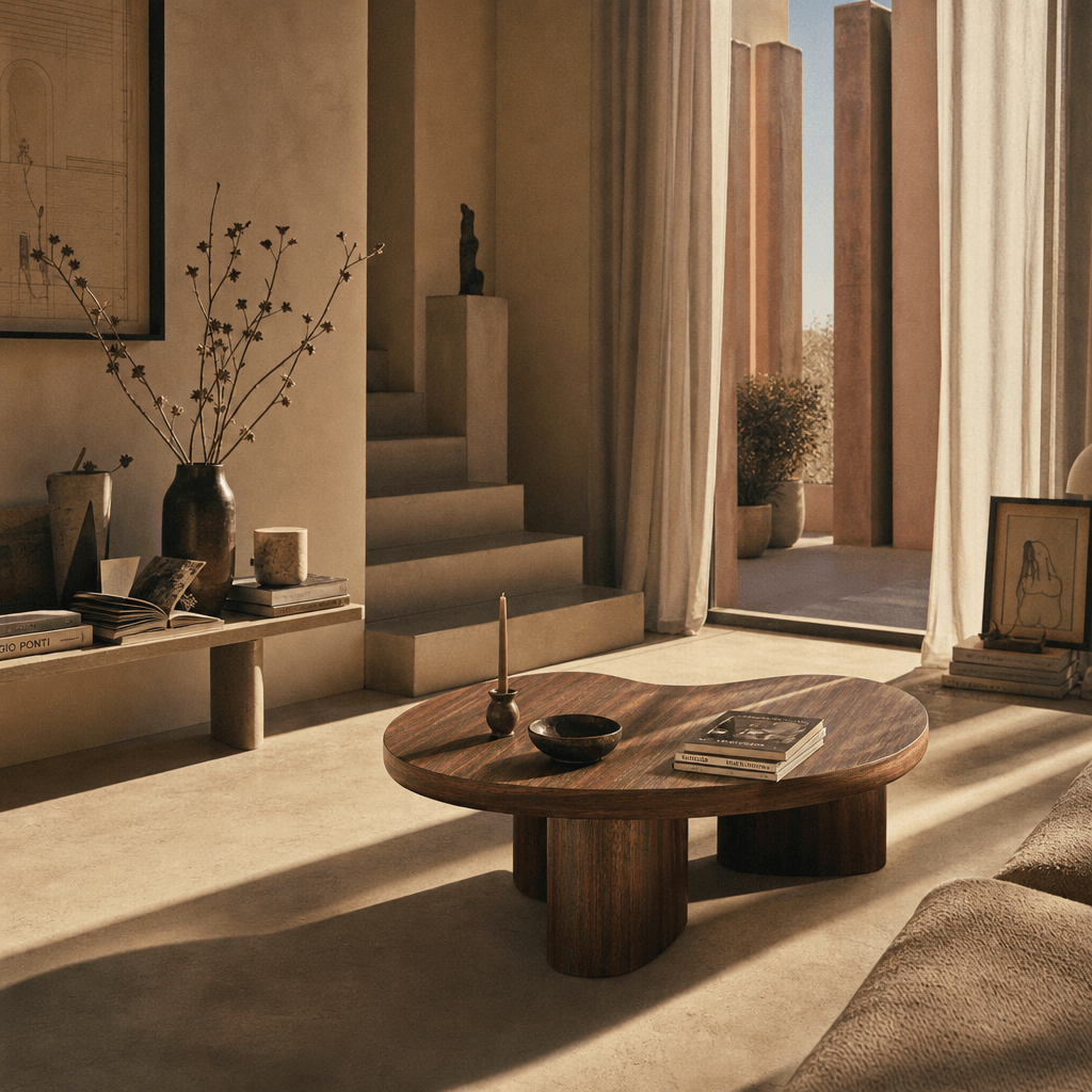 Yoab Contemporary Smoked Oak Veneer Coffee Table 35" in a modern living space with natural light.