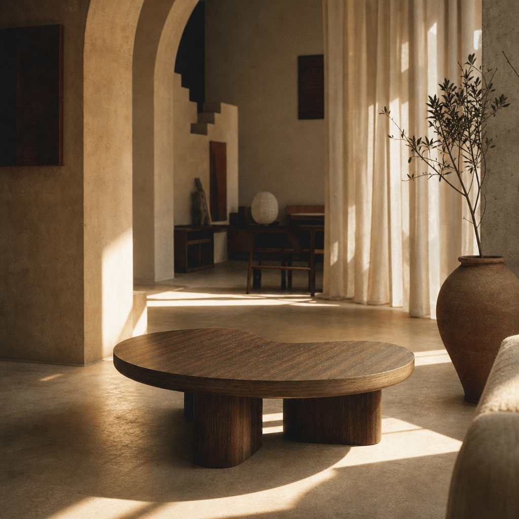 Yoab Contemporary Smoked Oak Veneer Coffee Table 35" in a modern living space with warm lighting.