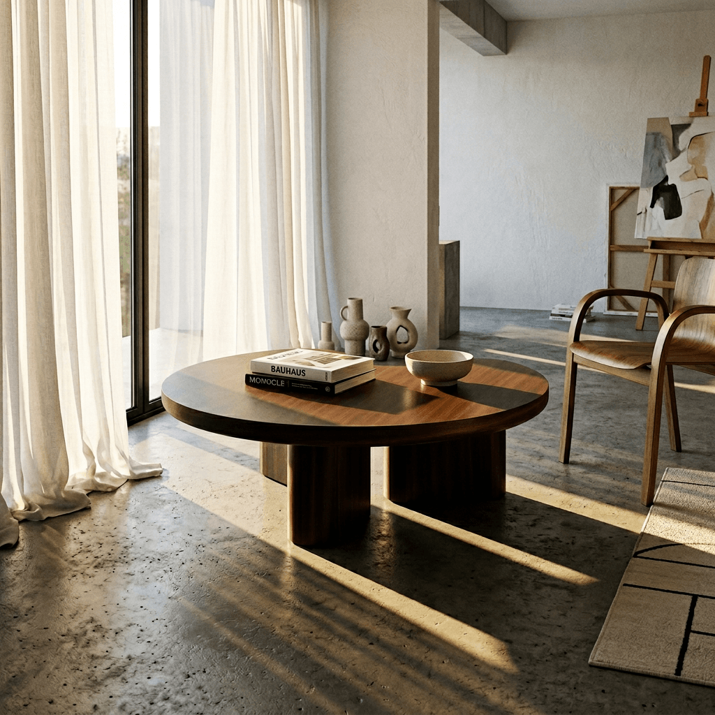 Yoab Contemporary Smoked Oak Veneer Coffee Table 35" in a modern living room setting with natural light.