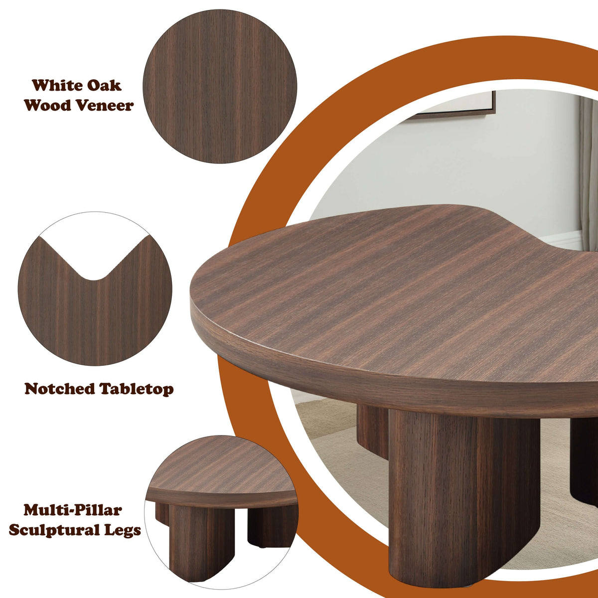 Yoab Contemporary Smoked Oak Veneer Coffee Table 35" showcasing white oak wood veneer, notched tabletop, and sculptural legs.