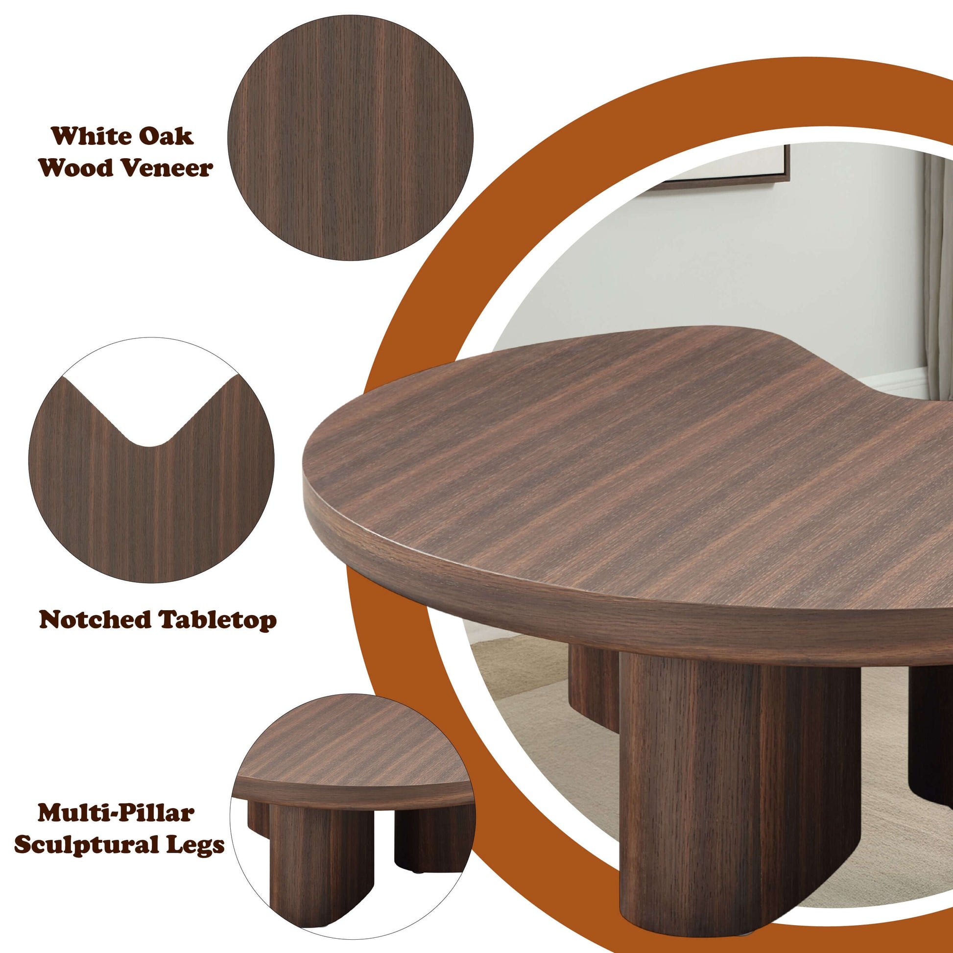 Yoab Contemporary Smoked Oak Veneer Coffee Table 35" showcasing white oak wood veneer, notched tabletop, and sculptural legs.