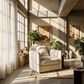 Yolanda Beige Chenille Chair w/Pillow in a sunlit, modern interior setting with plants and artwork.