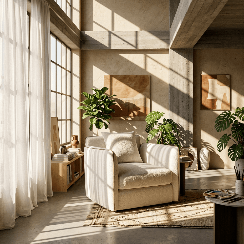Yolanda Beige Chenille Chair w/Pillow in a sunlit, modern interior setting with plants and artwork.