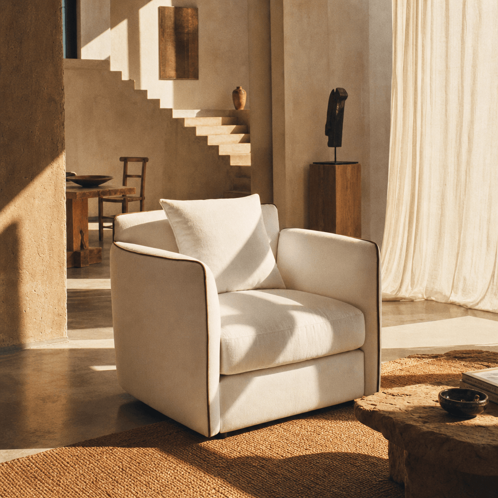 Yolanda Beige Chenille Chair w/Pillow in a cozy living room setting with modern decor.