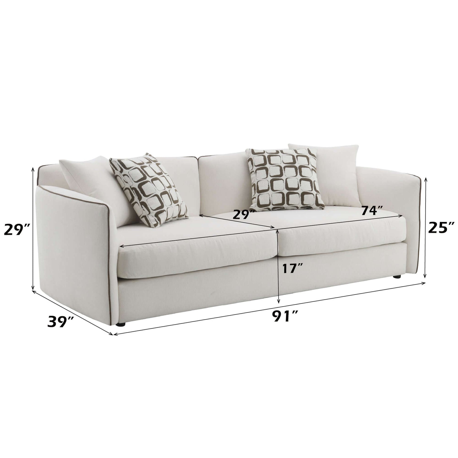 Yolanda Beige Chenille Sofa – 91” Modern Deep Seat Sofa with 4 Pillows dimensions and design details.