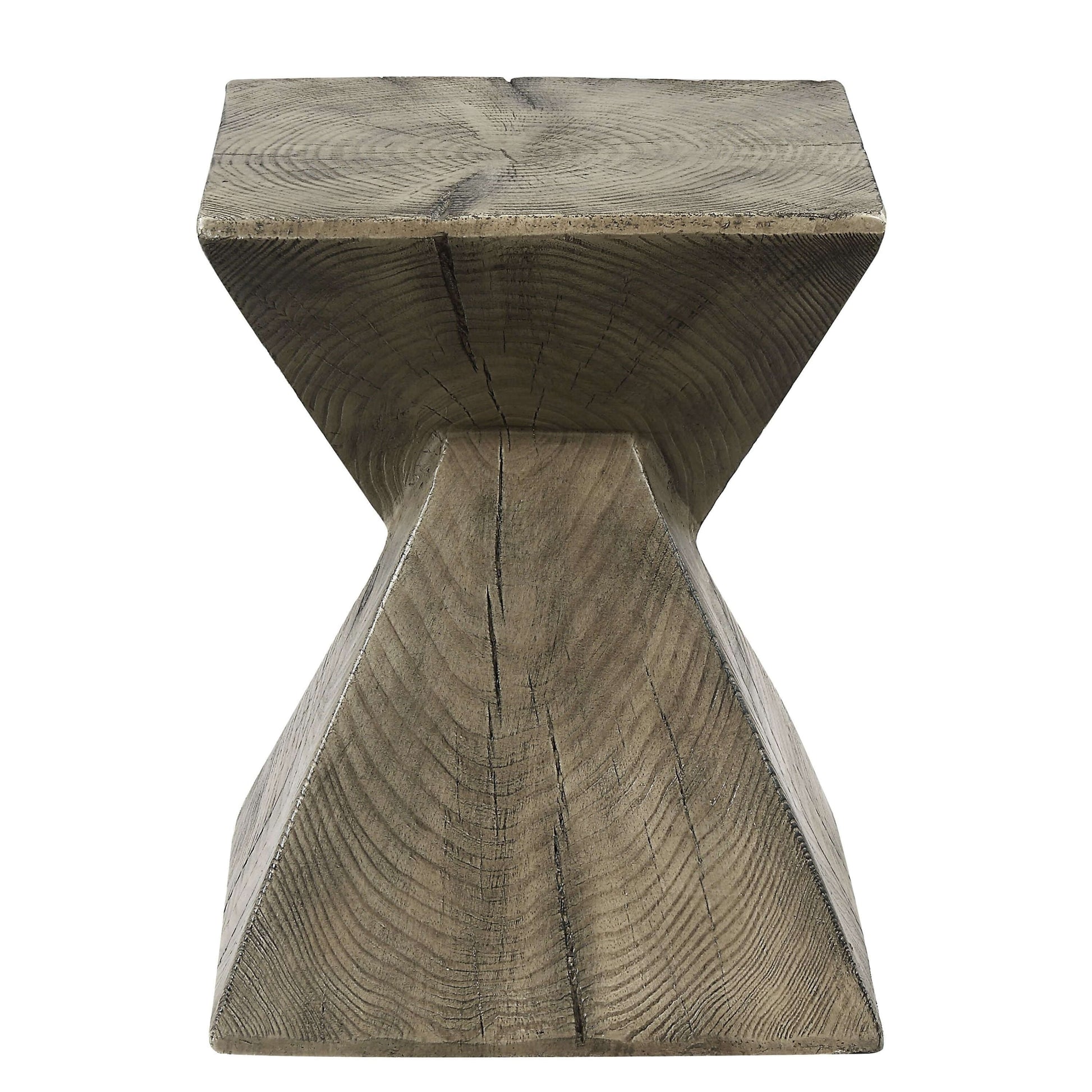 Zahi Weathered Oak Finish Accent Table – 17” Cement Side Table featuring a unique sculptural design and natural wood appearance.