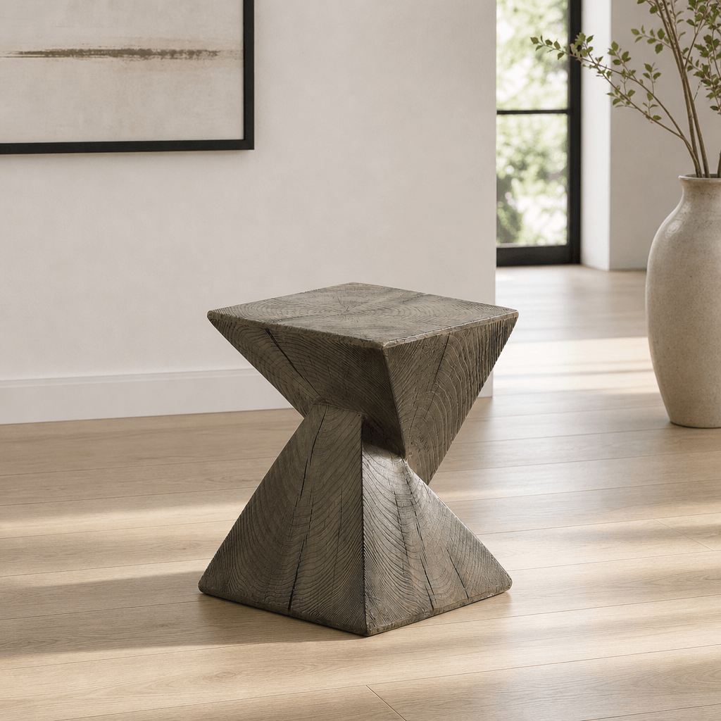 Zahi Weathered Oak Finish Accent Table – 17” Cement Side Table in stylish indoor setting with natural lighting.
