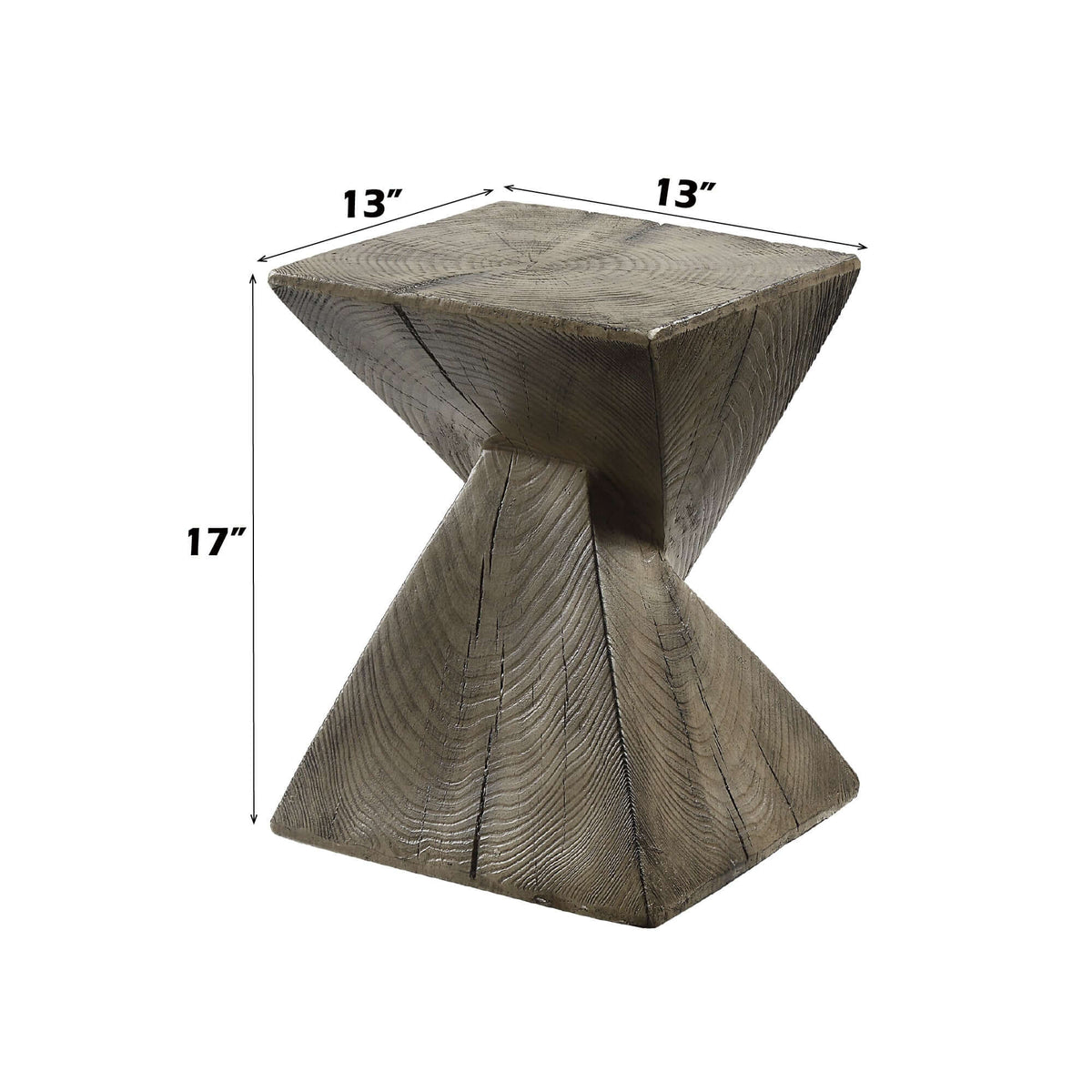 Zahi Weathered Oak Finish Accent Table – 17” Cement Side Table showcasing its unique sculptural design and dimensions.