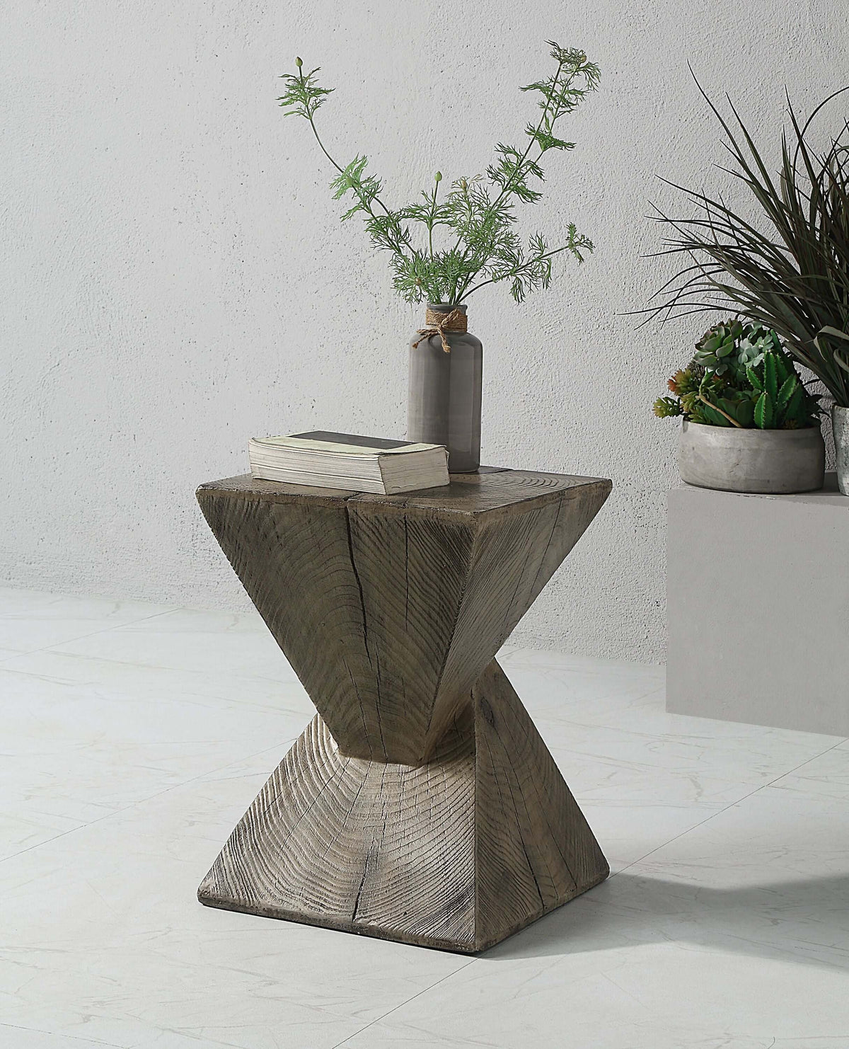 Zahi Weathered Oak Finish Accent Table – 17” Cement Side Table with raw texture and natural tone, displayed with decor.