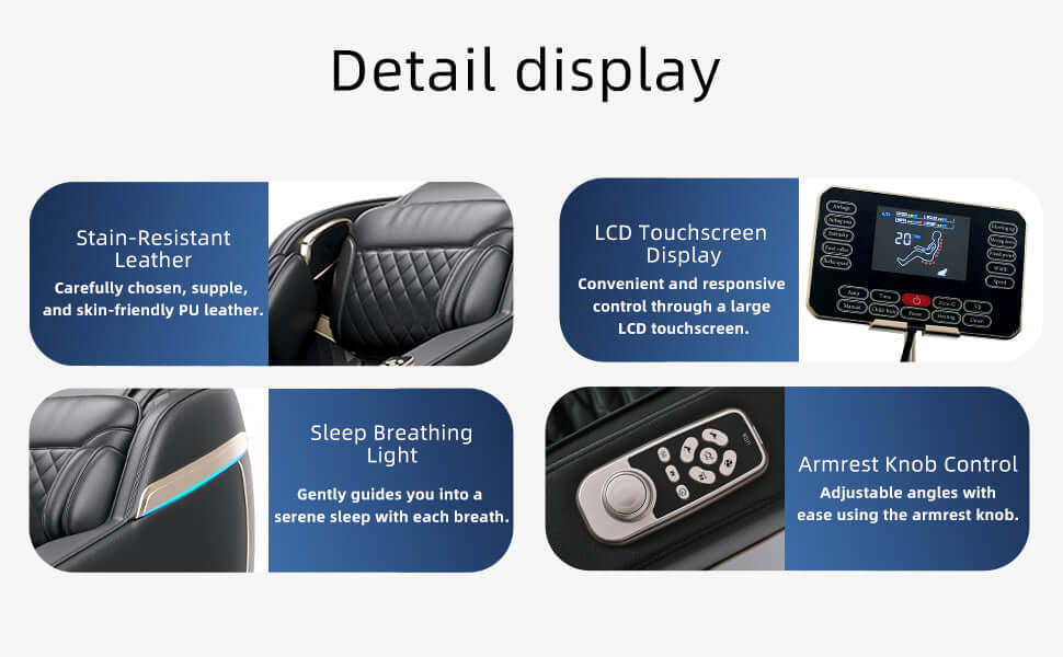 Detail display of Zero Gravity Massage Chair with SL-Track and Smart Features showcasing leather, touchscreen, breathing light, and controls.
