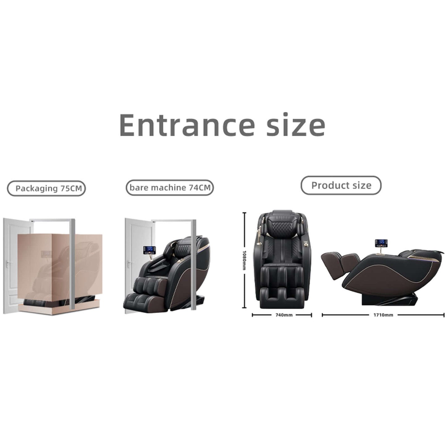 Entrance size illustration for Zero Gravity Massage Chair with SL-Track and Smart Features showing packaging and product dimensions.