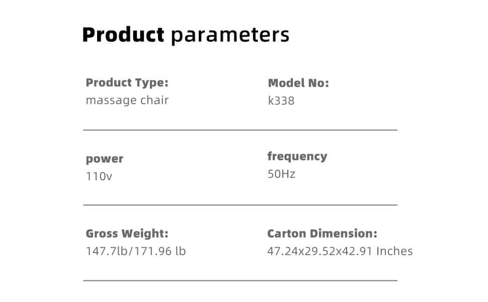 Product parameters for Zero Gravity Massage Chair with SL-Track and Smart Features, including model, power, and dimensions.